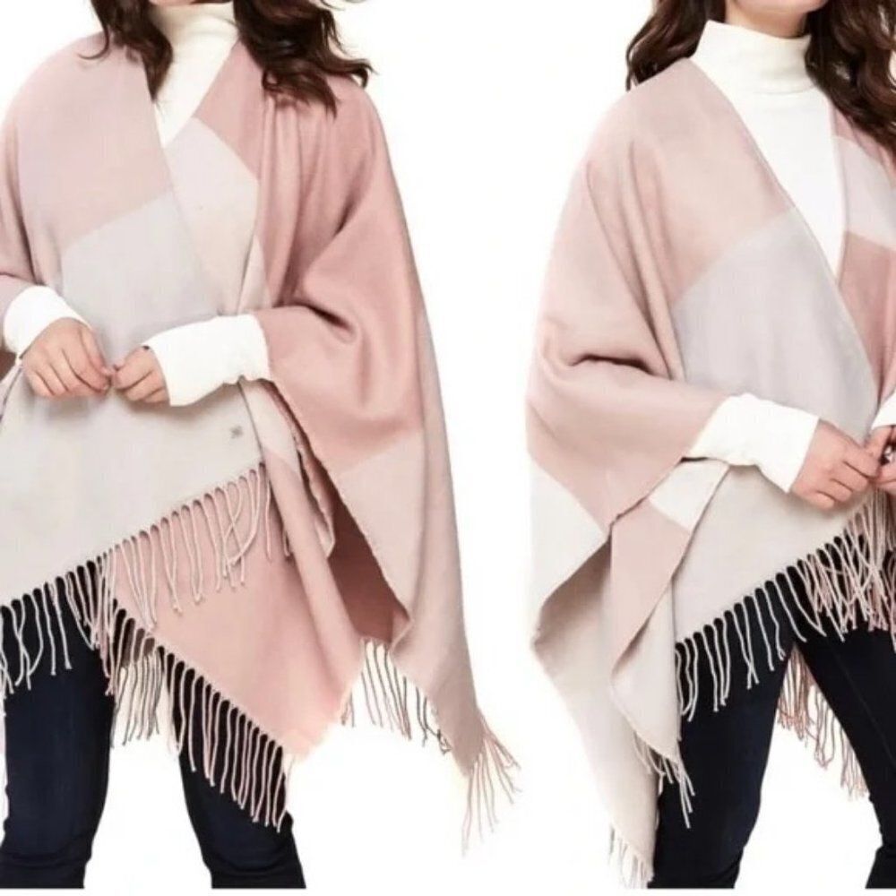 Soia & Kyo‎ Scarfigan Scarf Poncho Cardigan Wrap Pink Plaid Fringe NEW W/ Tags